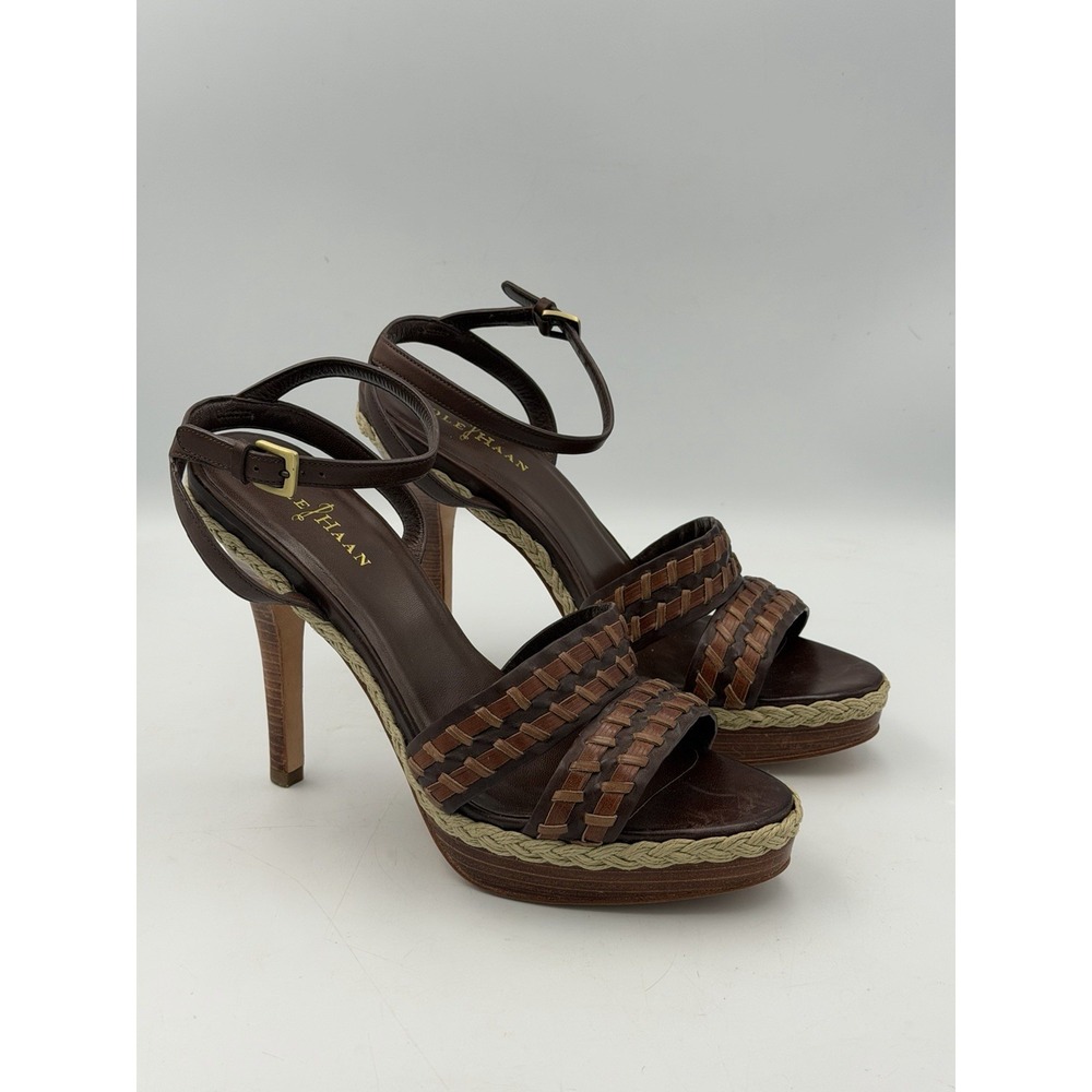 Cole Haan NikeAir Women's 8.5B Brown Leather Woven Platform Heel Sandals